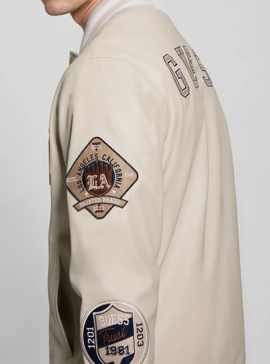 Beige Varsity Bomber Jacket Guess