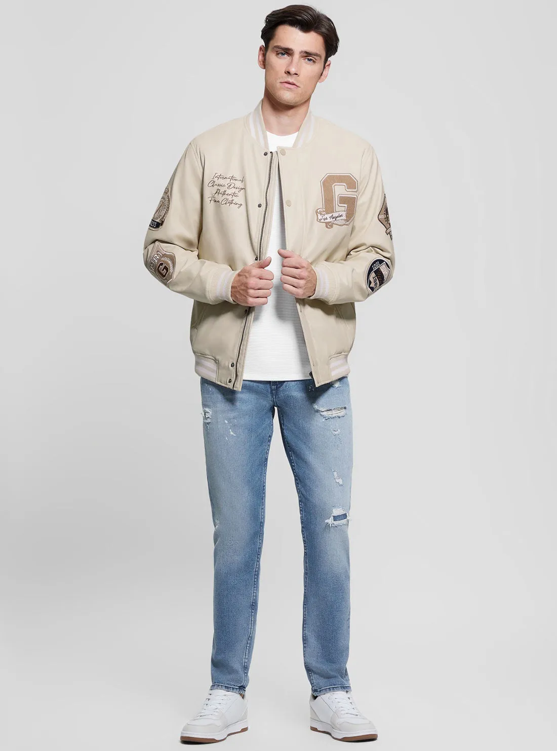 Beige Varsity Bomber Jacket Guess