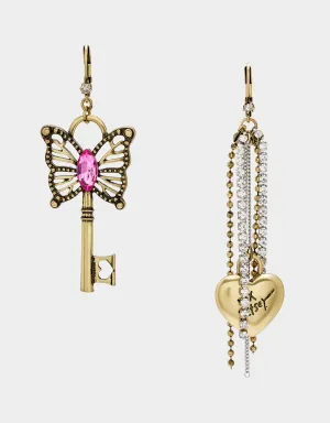 BOHO BUTTERFLY KEY FRINGE MISMATCH EARRINGS PINK Betsey Johnson