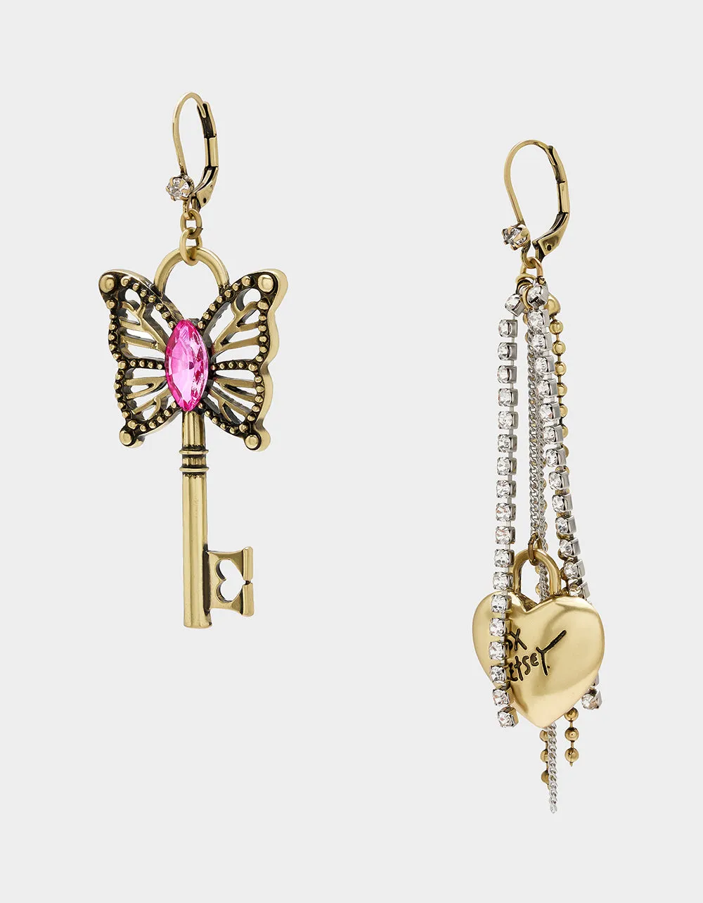 BOHO BUTTERFLY KEY FRINGE MISMATCH EARRINGS PINK Betsey Johnson