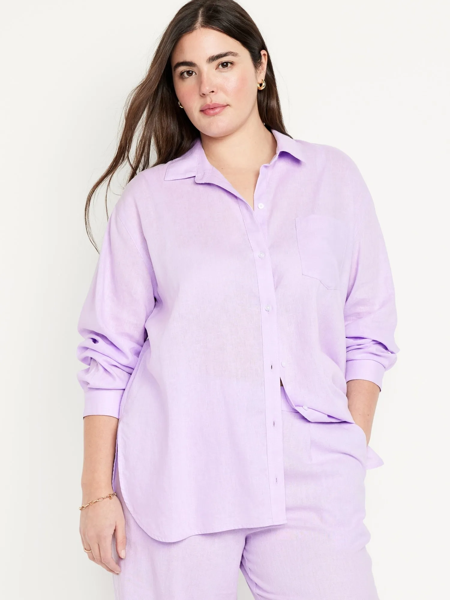 Linen-Blend Button-Down Boyfriend Shirt for Women