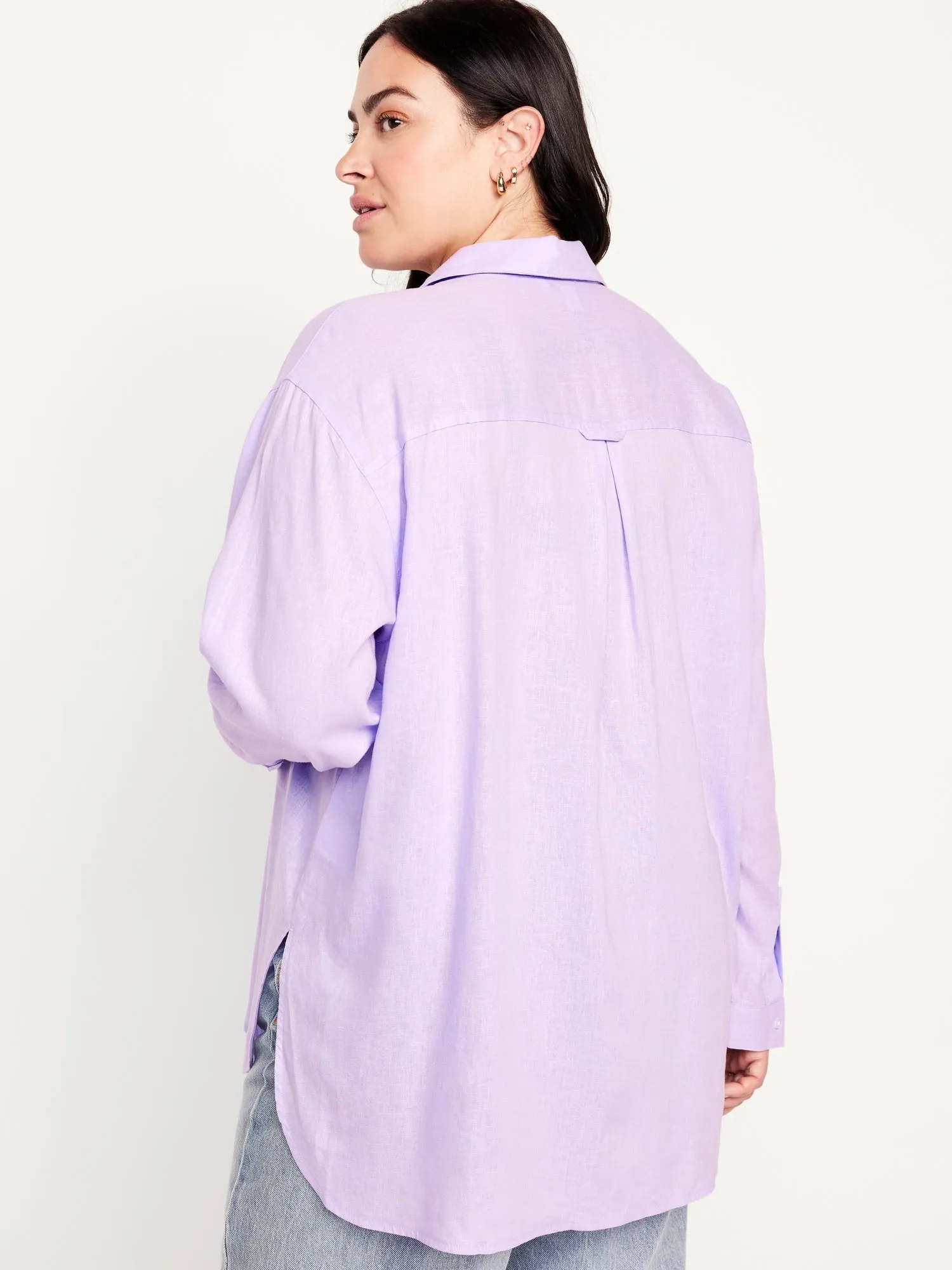 Linen-Blend Button-Down Boyfriend Shirt for Women