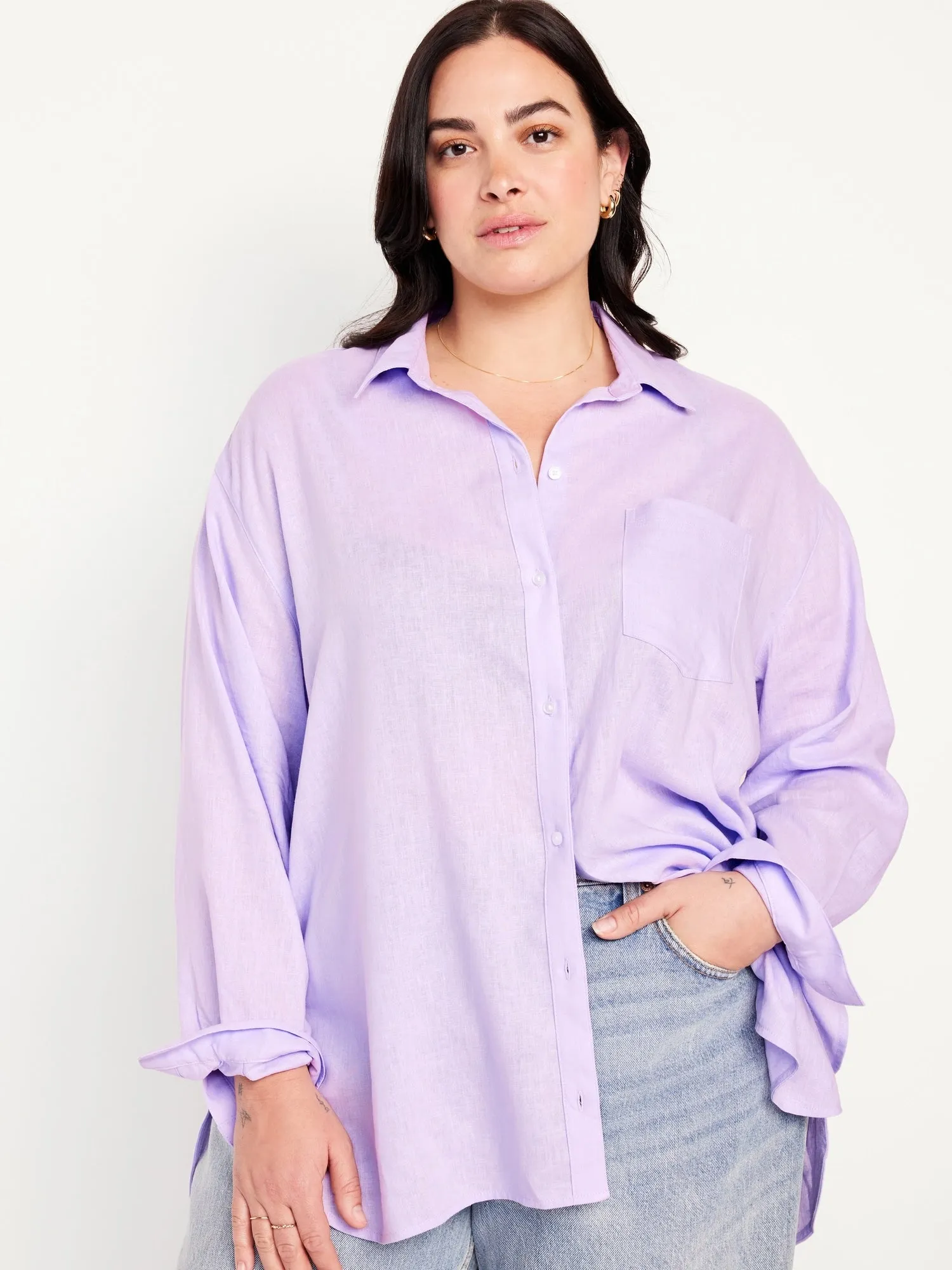 Linen-Blend Button-Down Boyfriend Shirt for Women