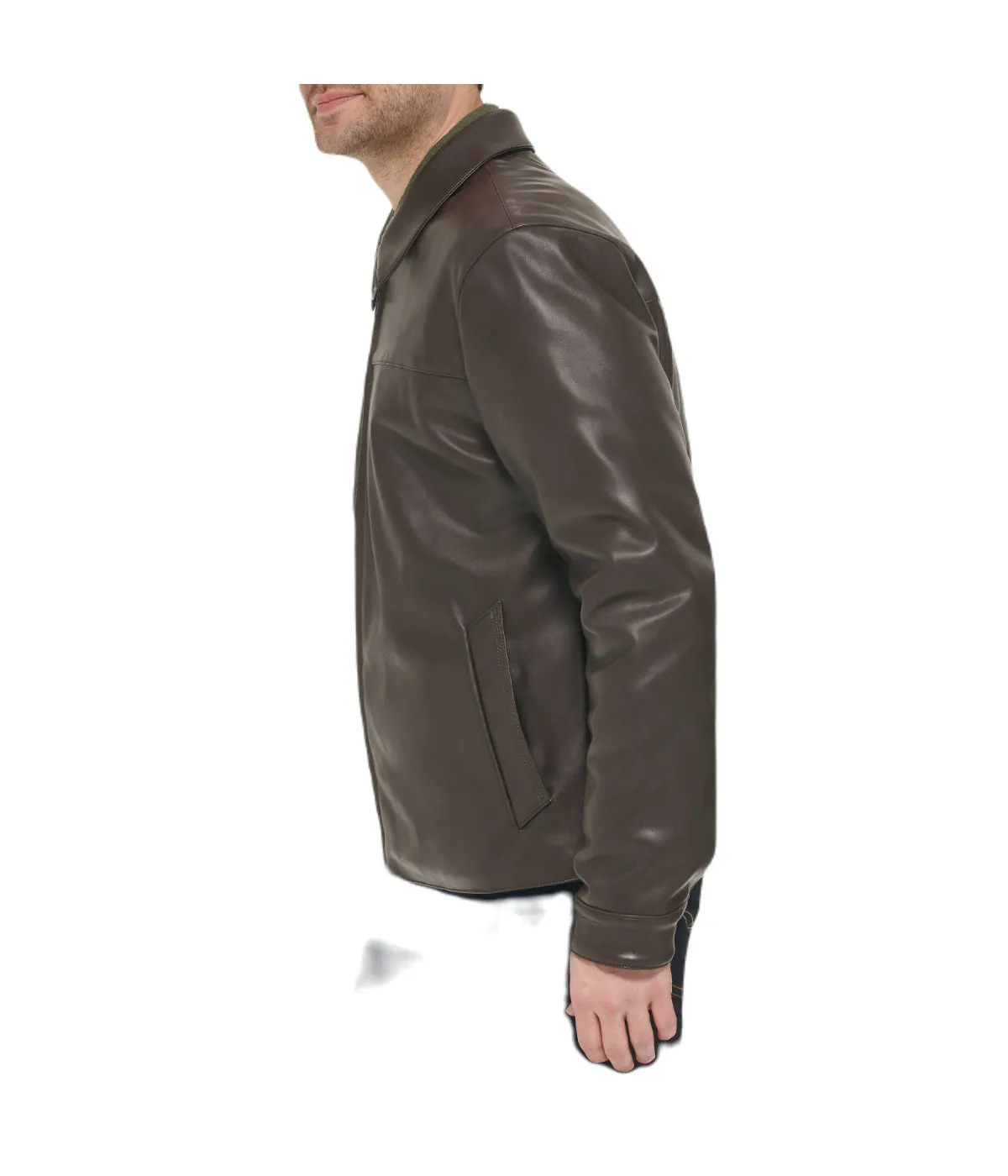 Mens Faux Leather Collared Jacket Dark Brown