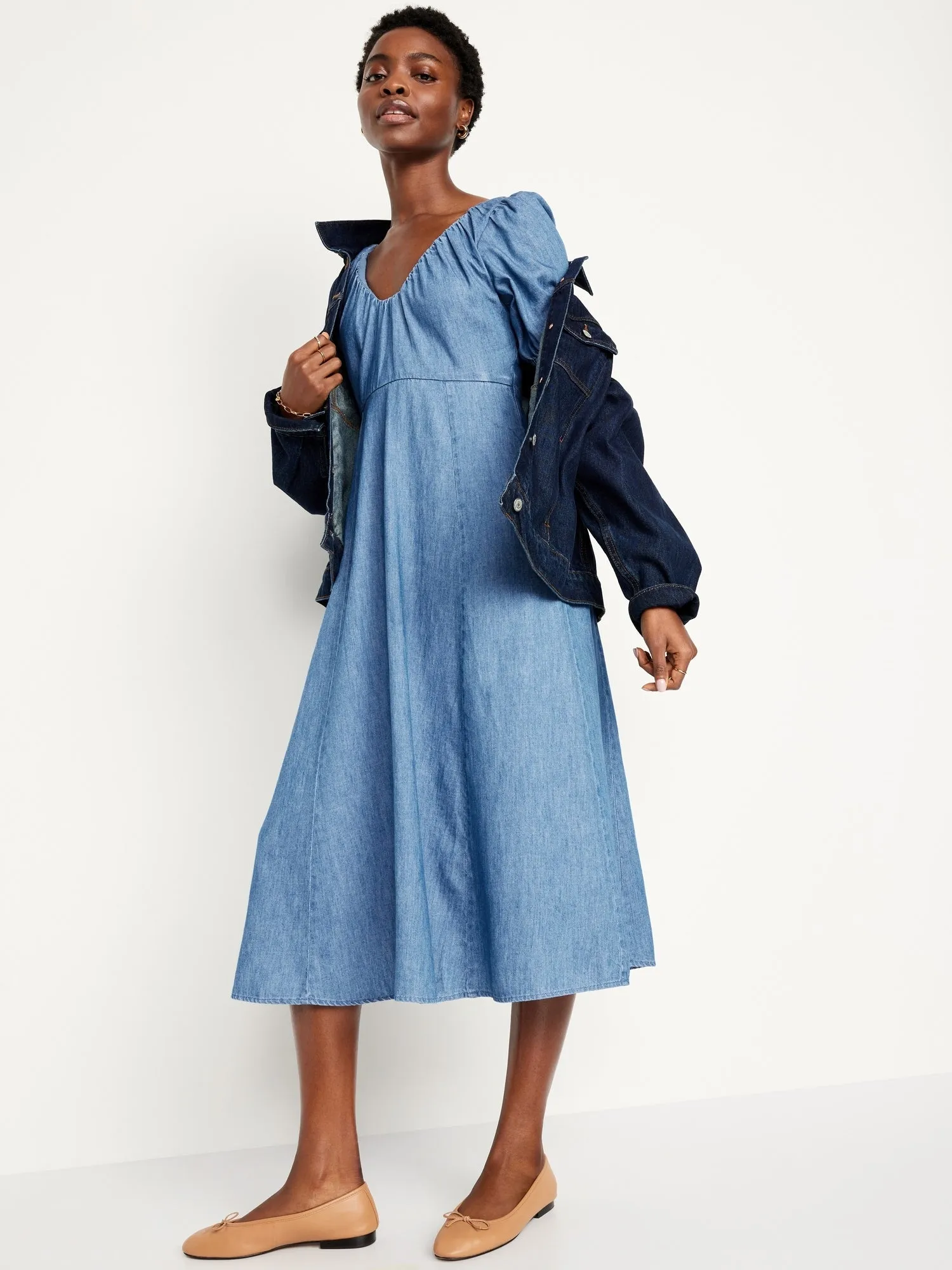 Puff-Sleeve Chambray Midi Dress for Women