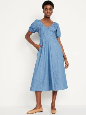 Puff-Sleeve Chambray Midi Dress for Women