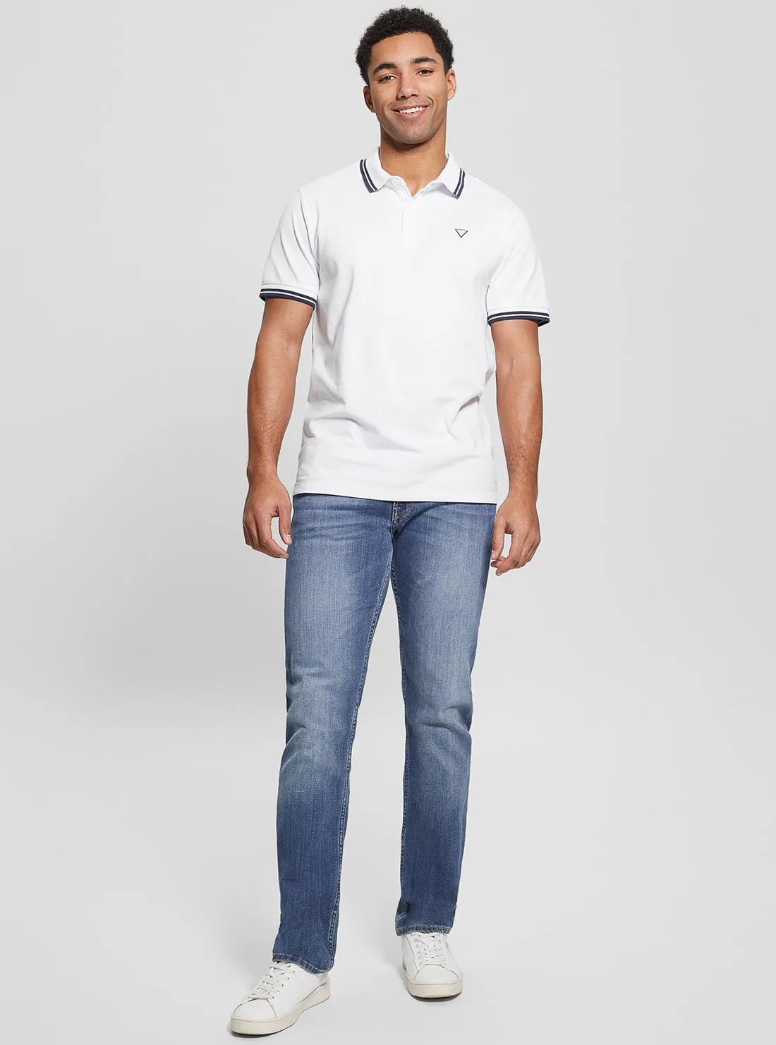 White Pique Triangle Polo T-Shirt Guess