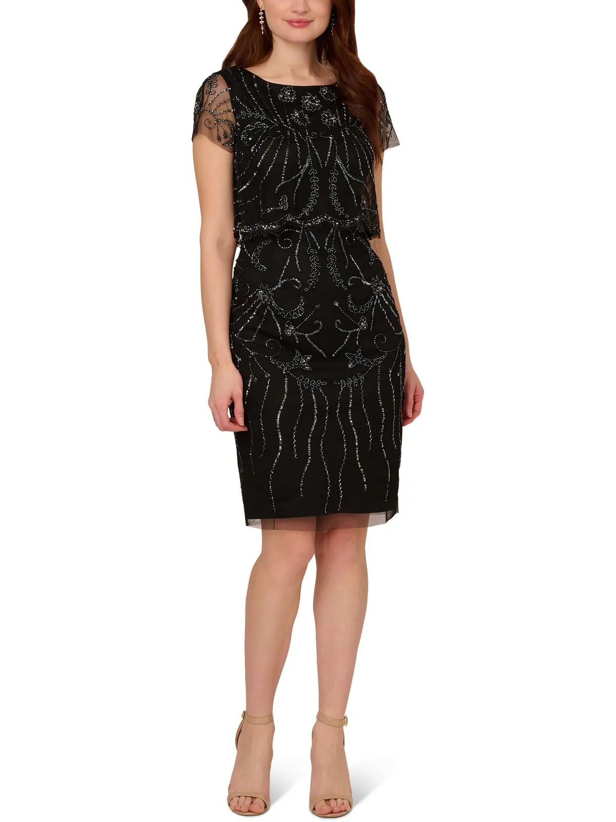 Womens Beaded Midi Cocktail and Party Dress